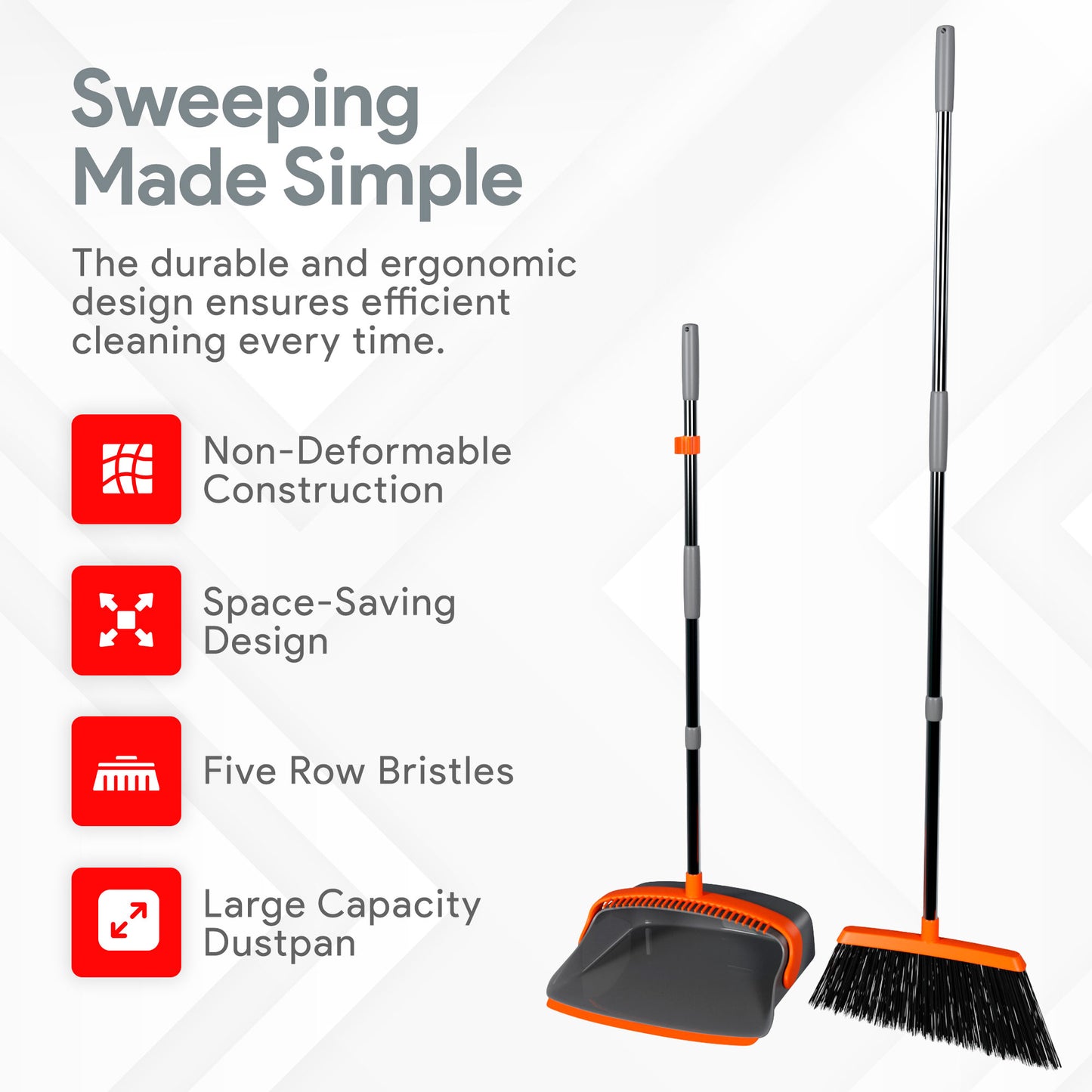 Broom and Dustpan Set | 55" Long Handle | Colour: Orange & Grey | Case: 12 units